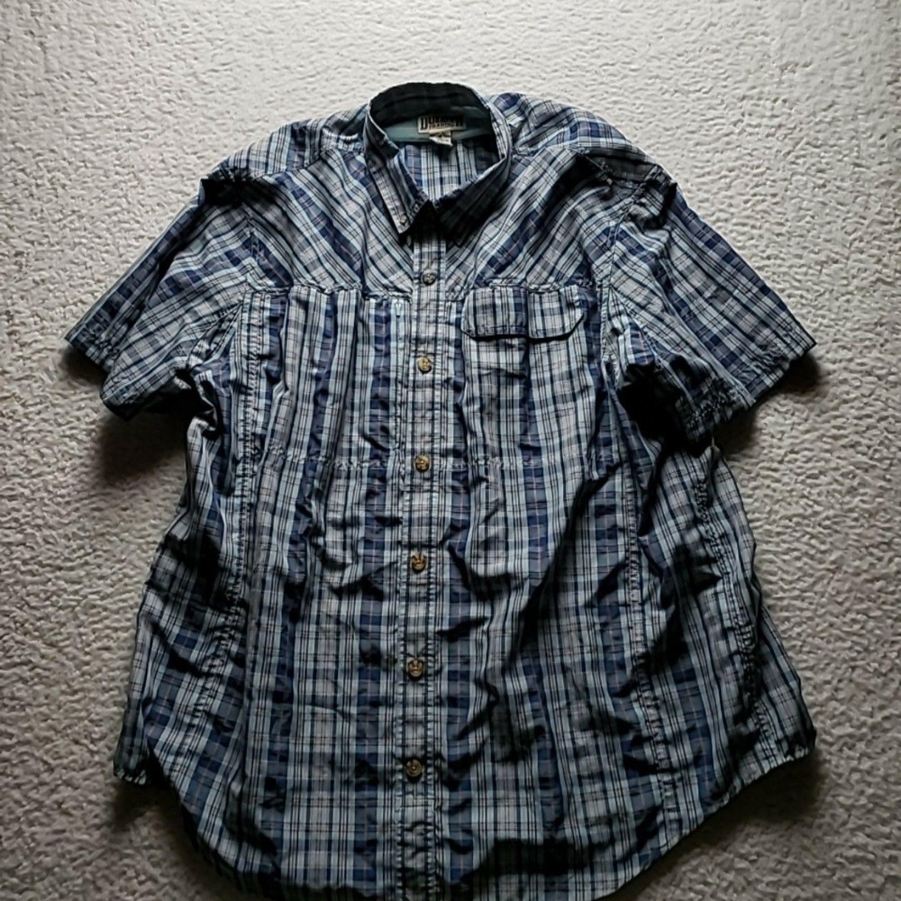 Duluth Trading Co Shirt Mens 2XL Blue Plaid Short Sleeve Fishing Button-Up
